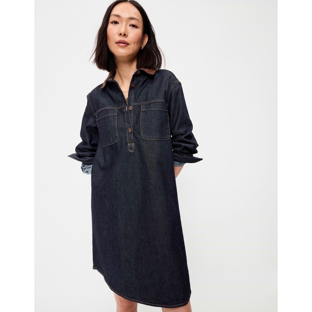 Old Navy Womens Dark Wash Denim Mini Shirt Dress Long Sleeve Corduroy Collar